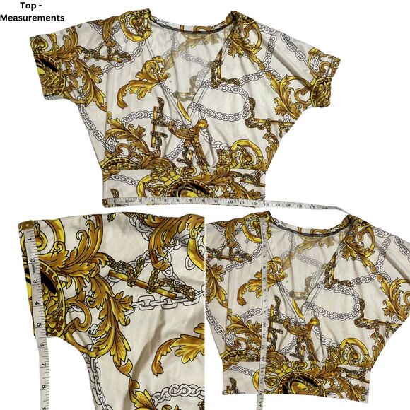 Plunging Neckline Crop Top & Pants Outfit White and Gold Baroque Print Slim-Fit - Picture 9 of 9